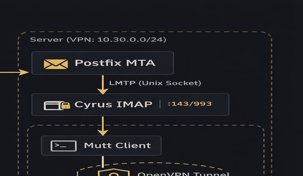 Mail server architecture: Internet to Postfix to LMTP to Cyrus IMAP, with Mutt client connected via OpenVPN